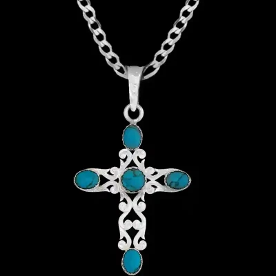 A custom silver cross pendant necklace for men and women, western-inspired design. featuring silver filigrane and turquoise stones 
